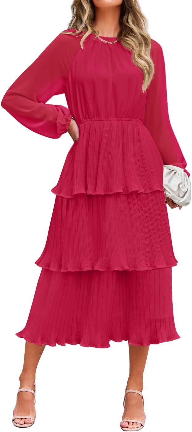 ZESICA Women's Long Sleeve Ruffle Tiered Midi Dress for Elegance