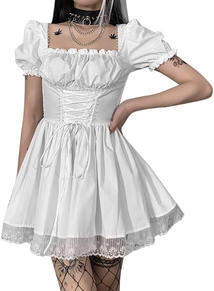 IKADEX Women Gothic Dress Vintage Lace Grunge Punk Style