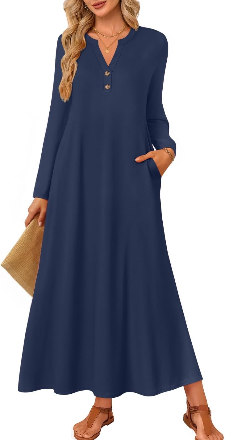 ZESICA Fall Long Sleeve Maxi Dress with Pockets for Women