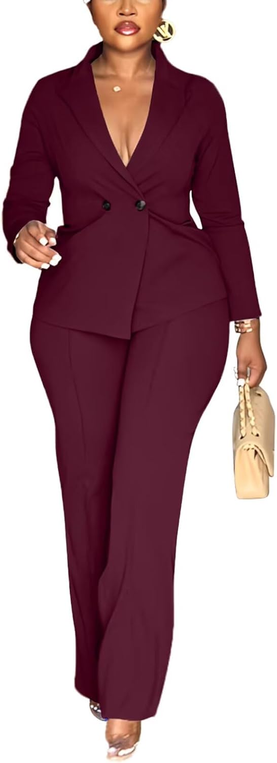 Kafiloe Women Double Breasted Blazer Pants Suit for Work
