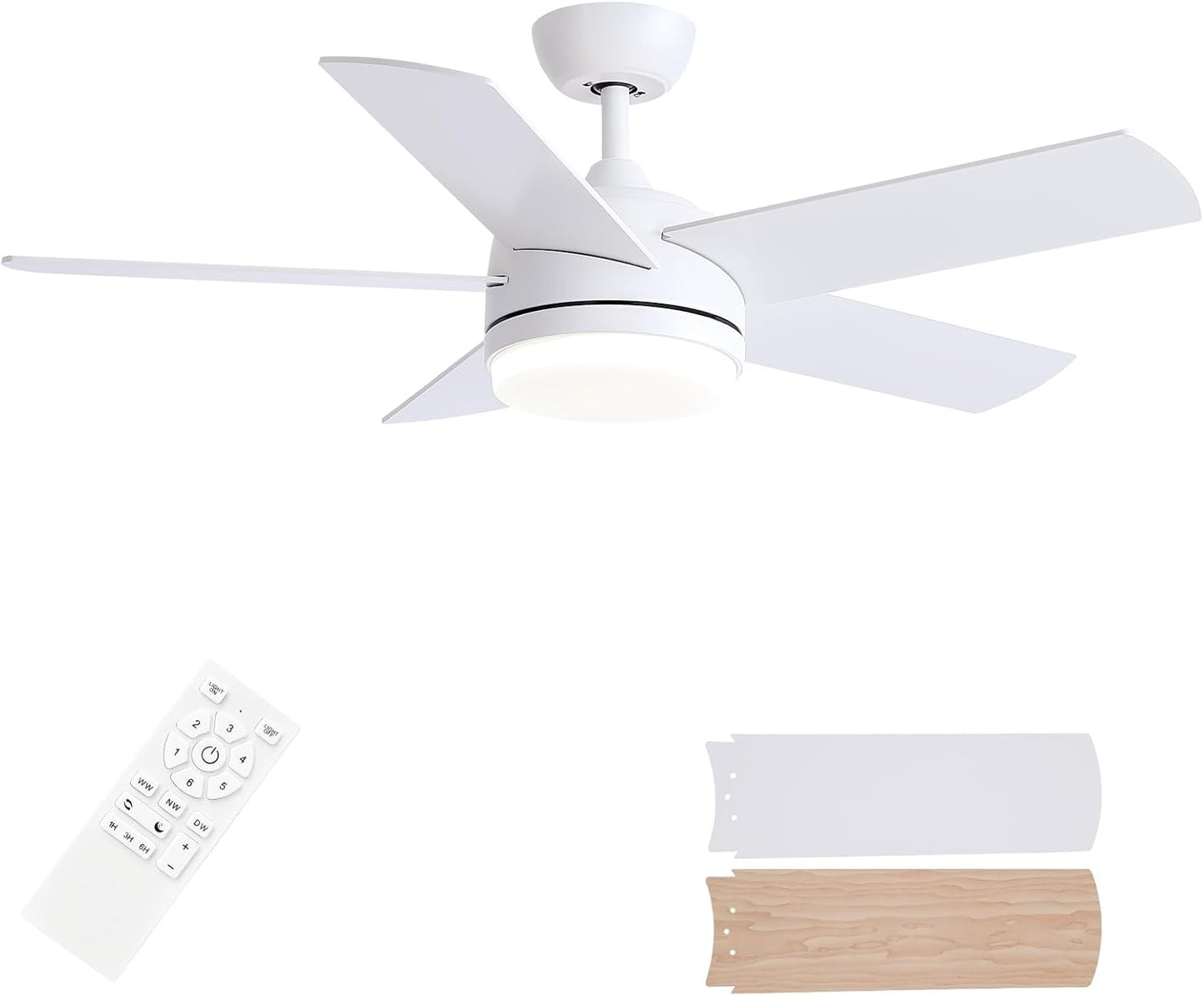 YUHAO 44 Inch White Ceiling Fan with Light and Remote Control