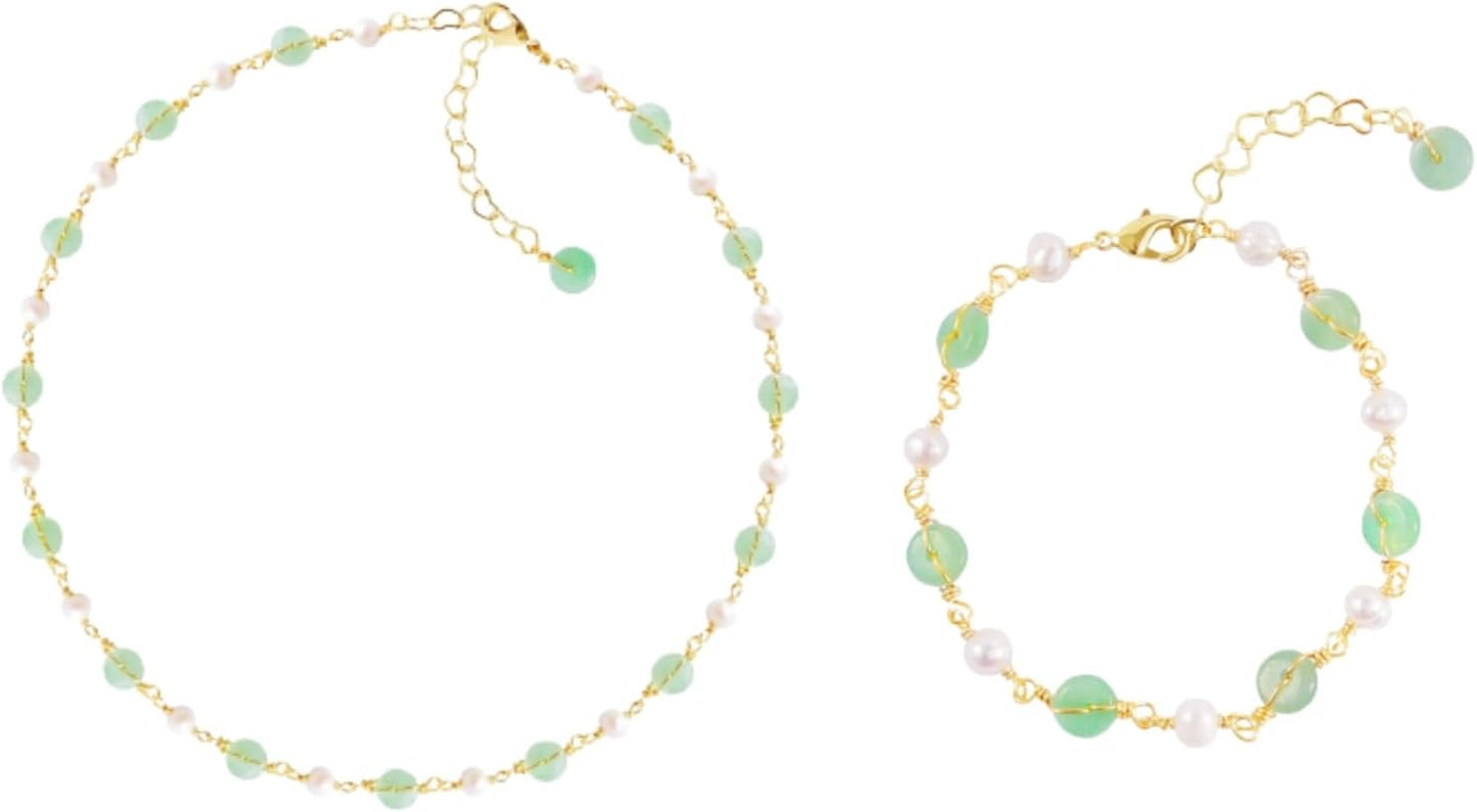 Natural Jade & Pearls Necklace Bracelet Jewelry Set for Women