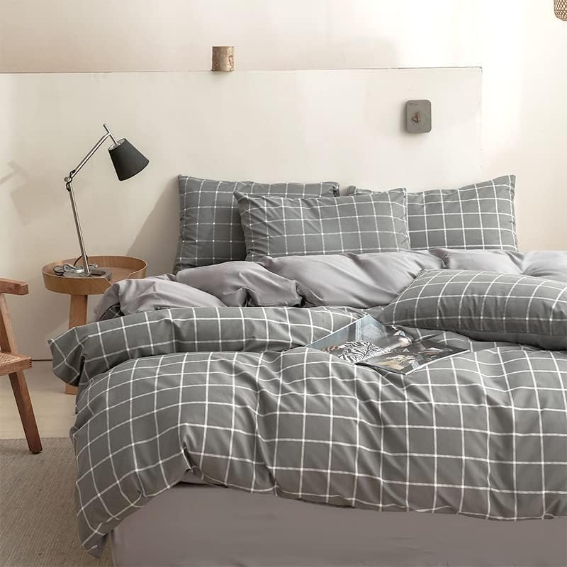NSNLGSGC King Duvet Cover Set Gray Grid - Soft Microfiber