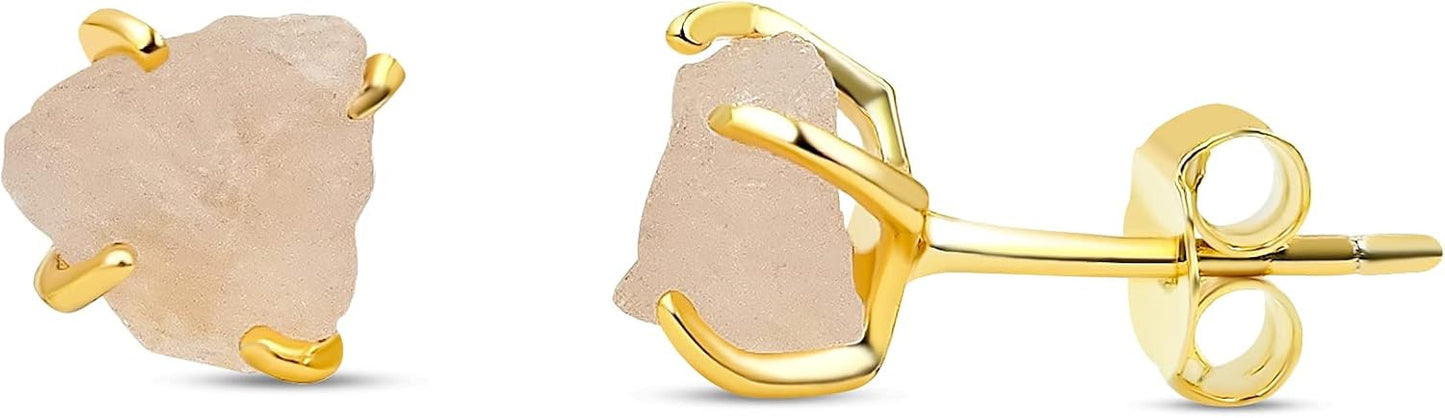 Raw Tiny Stone Stud Earrings in 925 Sterling Silver Setting