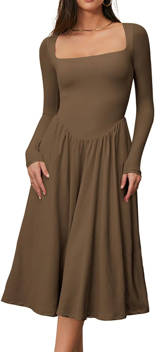 Chic Square Neck Long Sleeve A-Line Midi Dress for Women