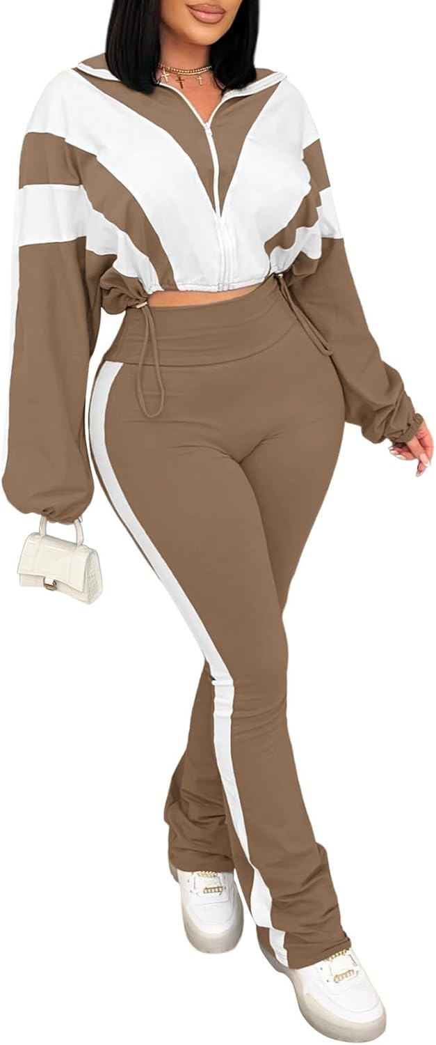 Stylish Color Block Long Sleeve Zip Jacket and Pants Set