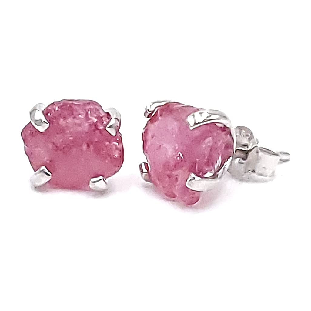 Natural Raw Ruby Stud Earrings in White Gold Over Silver