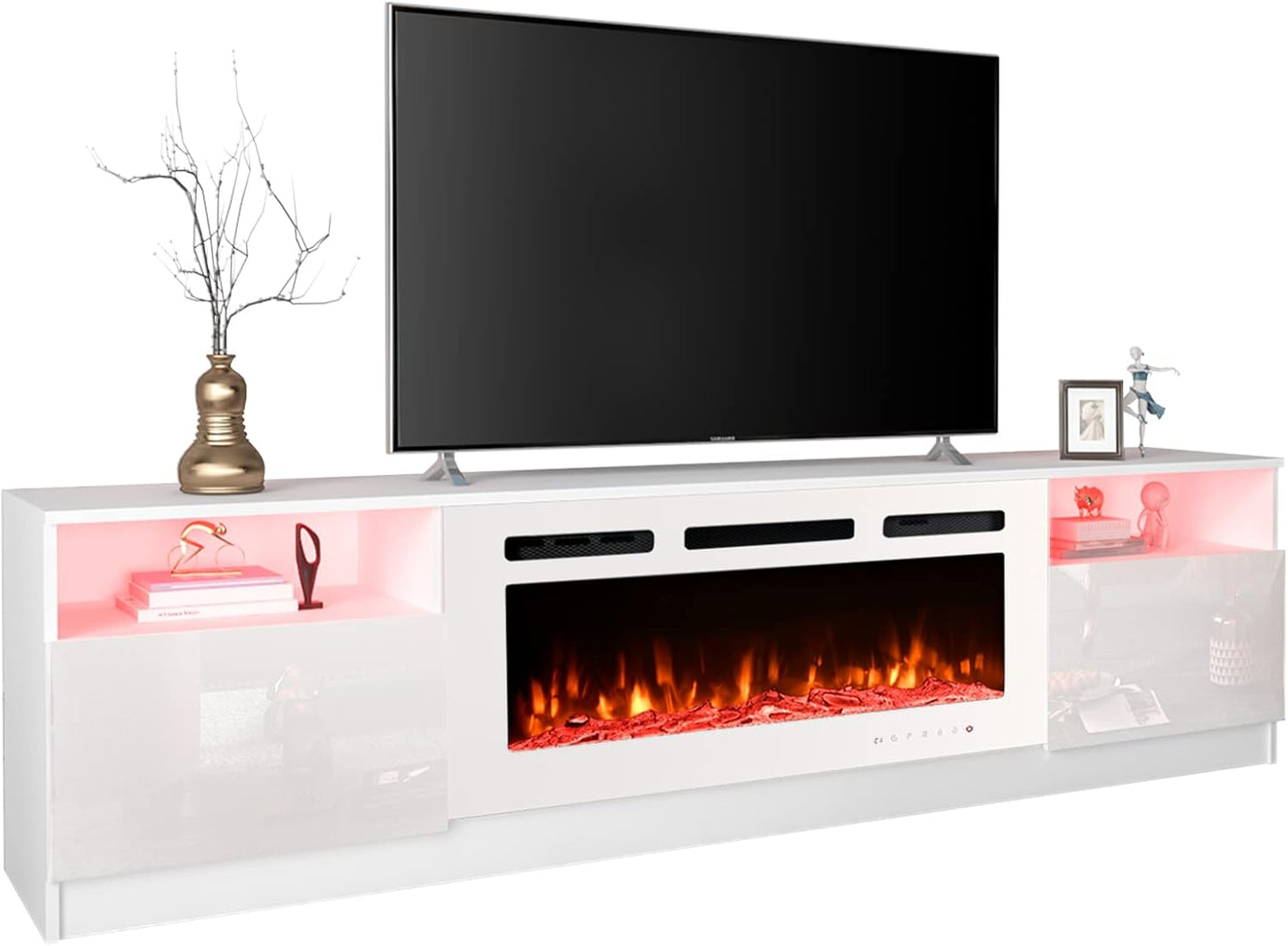 EROMMY 80'' Fireplace TV Stand: 16 Color LED Lights, 12 Flame Heater, Fits TVs up to 90'', White