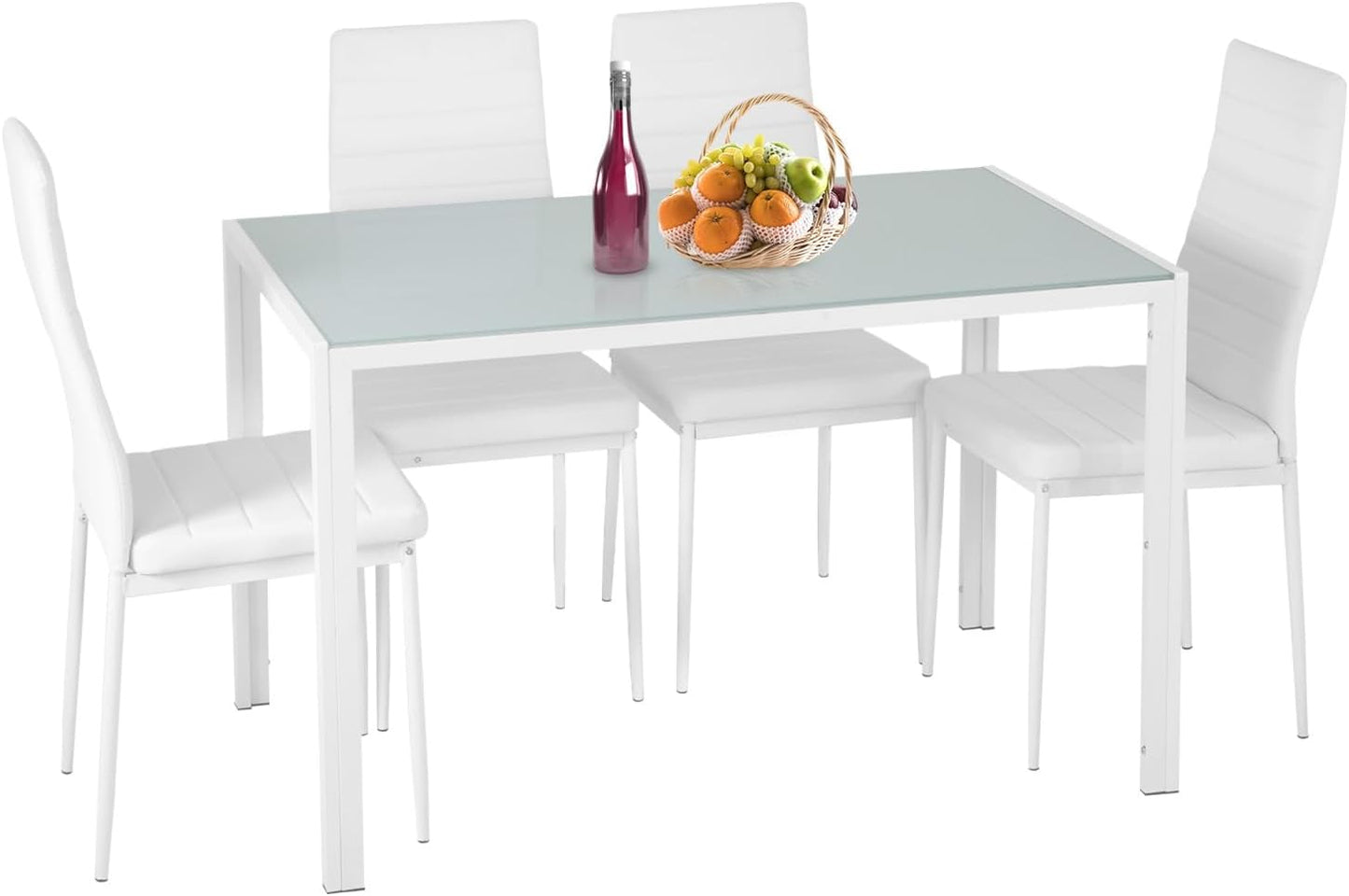 FDW 5-Piece Dining Table Set with Glass Top and Upholstered Chairs