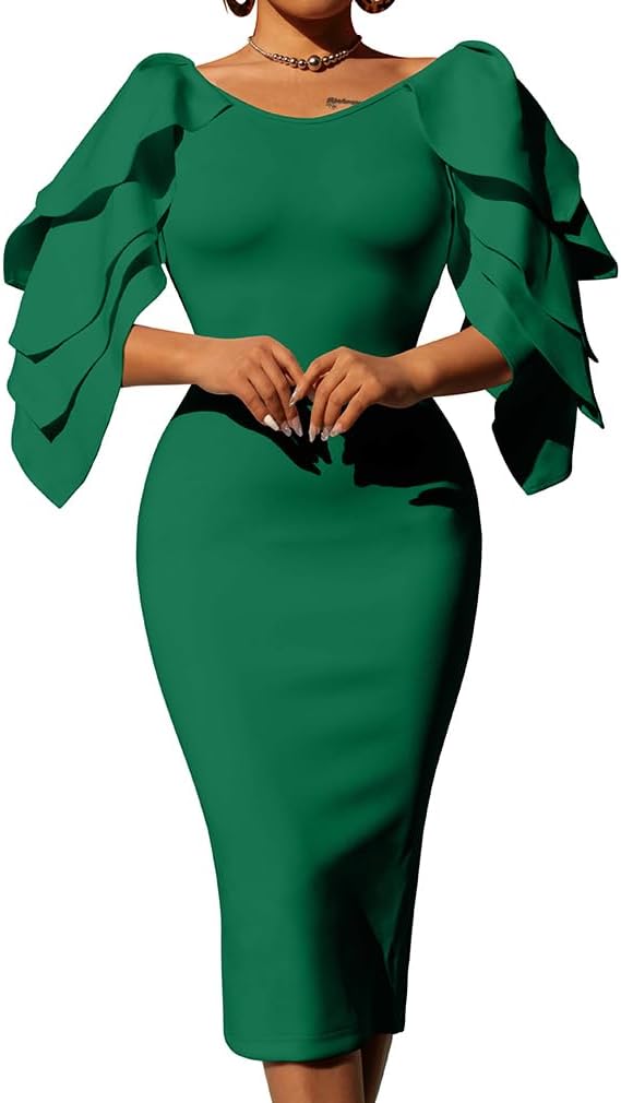 DAAWENXI Women's Elegant Ruffle Off The Shoulder Midi Dress