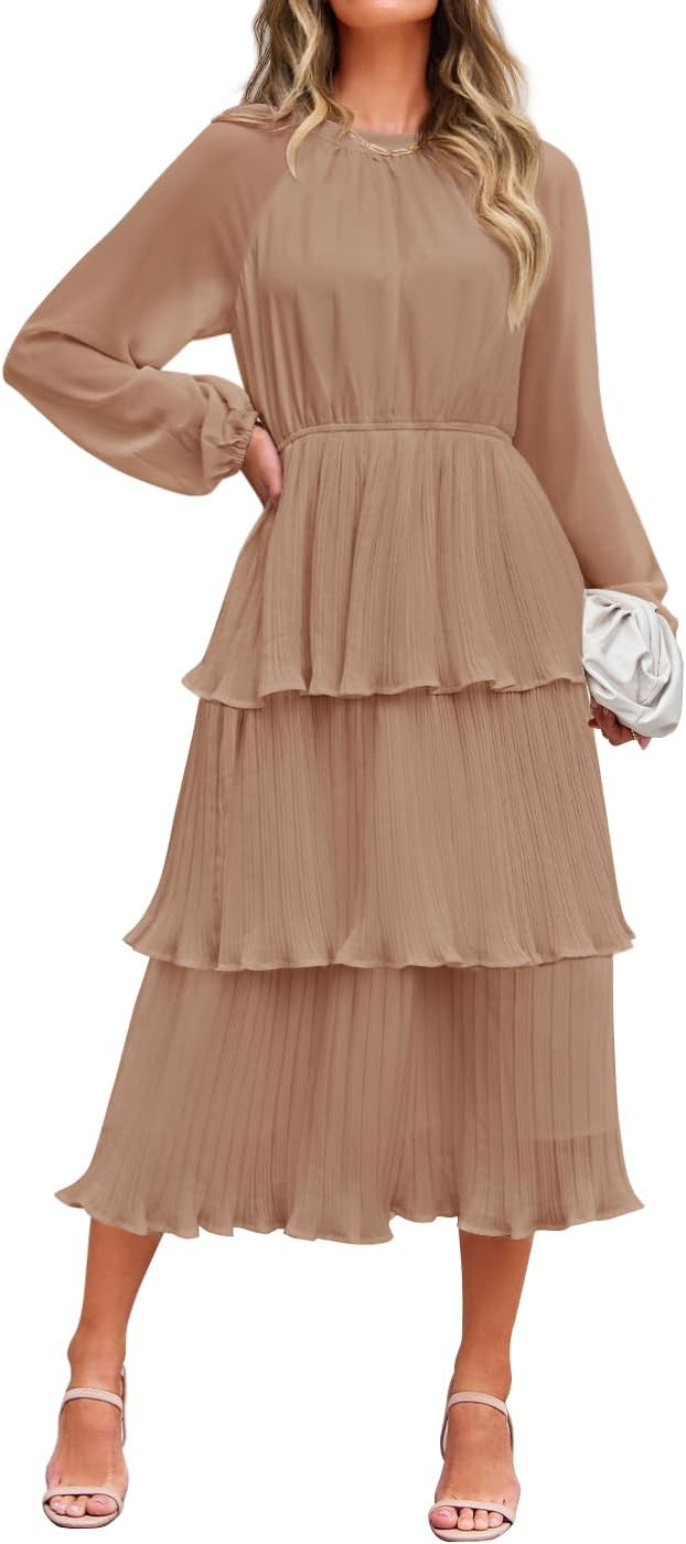 ZESICA Women's Long Sleeve Ruffle Tiered Midi Dress for Elegance