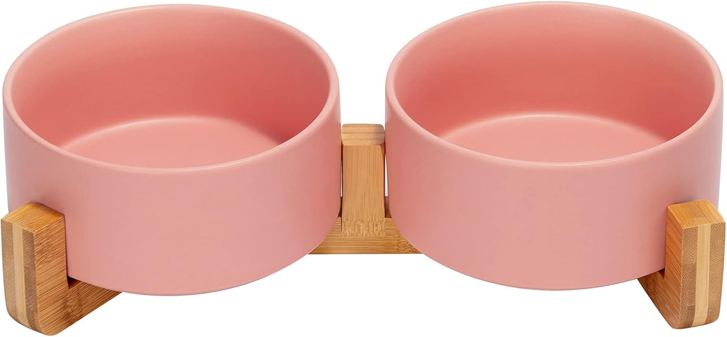 SPUNKYJUNKY Ceramic Dog and Cat Bowl Set with Wooden Stand