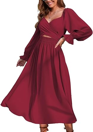 Reversible Tie Back Long Puff Sleeve Midi Dress for Women