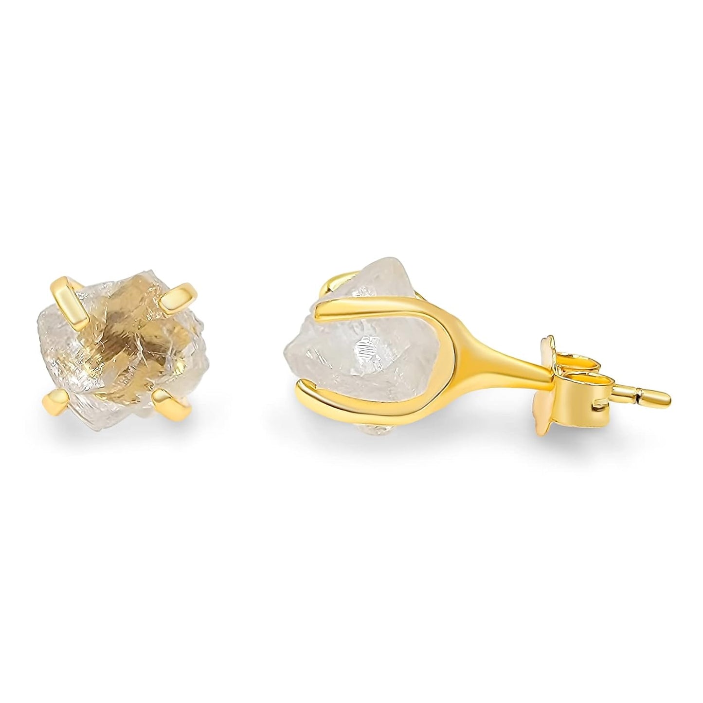 Natural Raw Clear Quartz Stud Earrings in Yellow Gold Over Silver