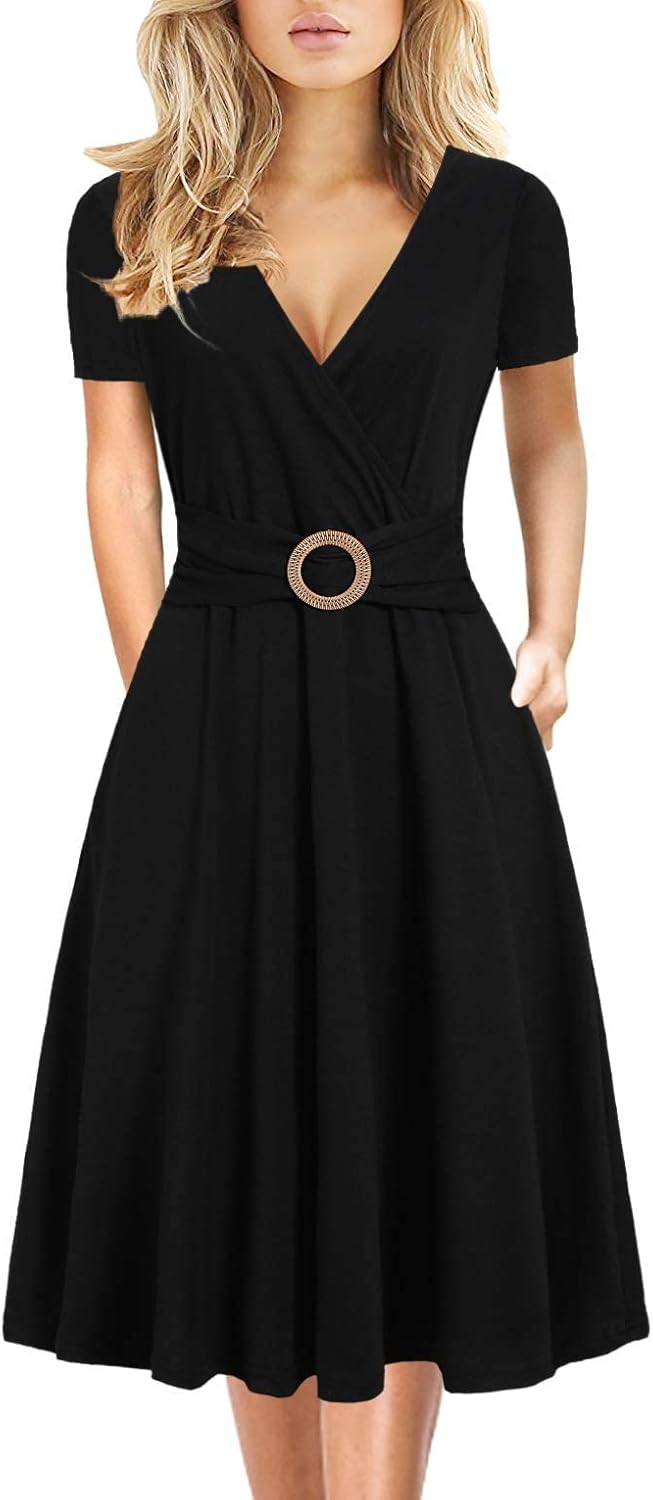 Elegant Criss-Cross V Neck Vintage Short Sleeve Dress with Pockets