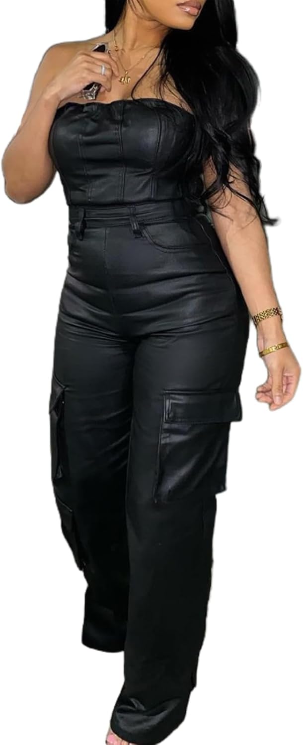Womens PU Leather Jumpsuit Off the Shoulder Sexy Bodysuit