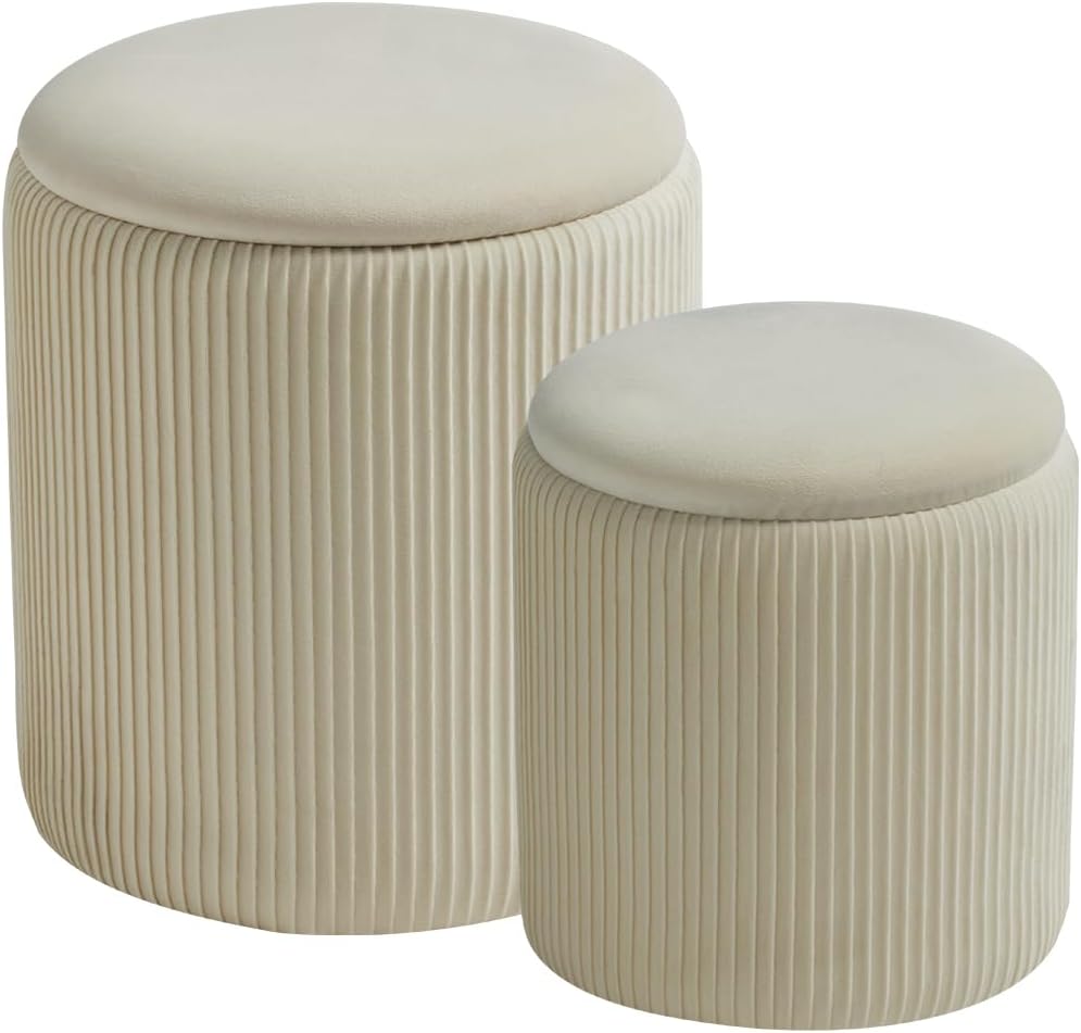 Round Ottoman Set of 2 with Storage for Living Room & Bedroom