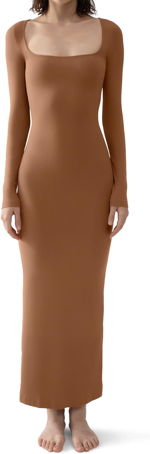 PUMIEY Women's Square Neck Long Sleeve Maxi Dress for Style