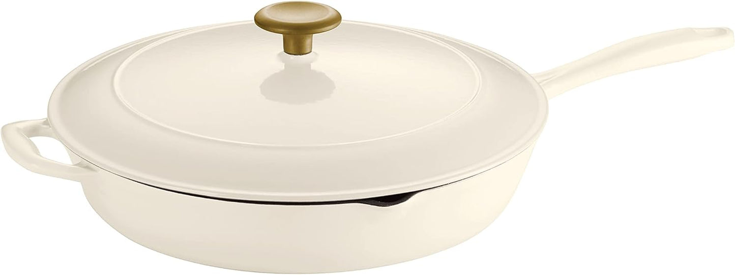 Enameled Cast Iron Skillet with Lid, 12ftin Frying Pan, Latte