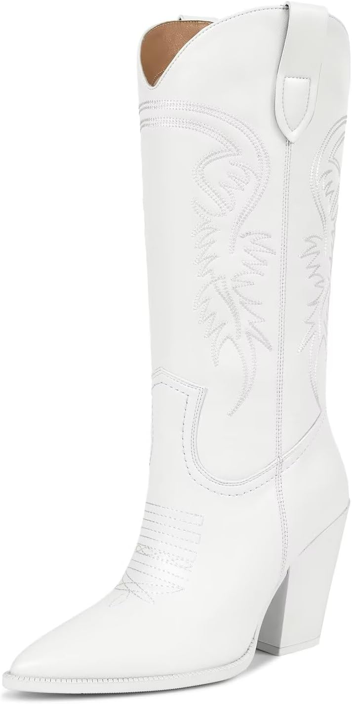 ISNOM Cowboy Boots for Women - Stylish Pointed Toe Chunky Heel