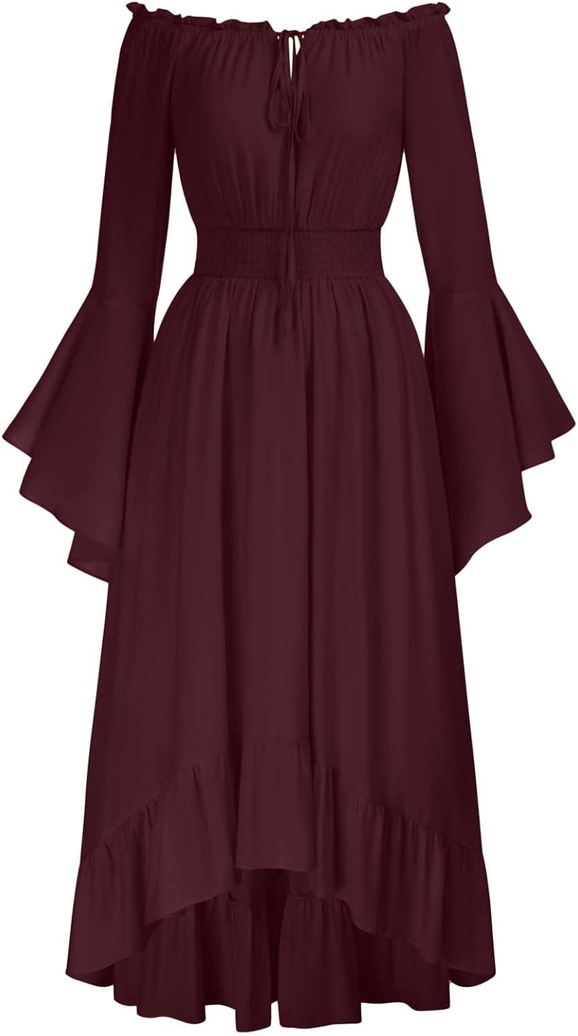 Renaissance Faire Costume Women Off Shoulder Long Bell Sleeve Dress