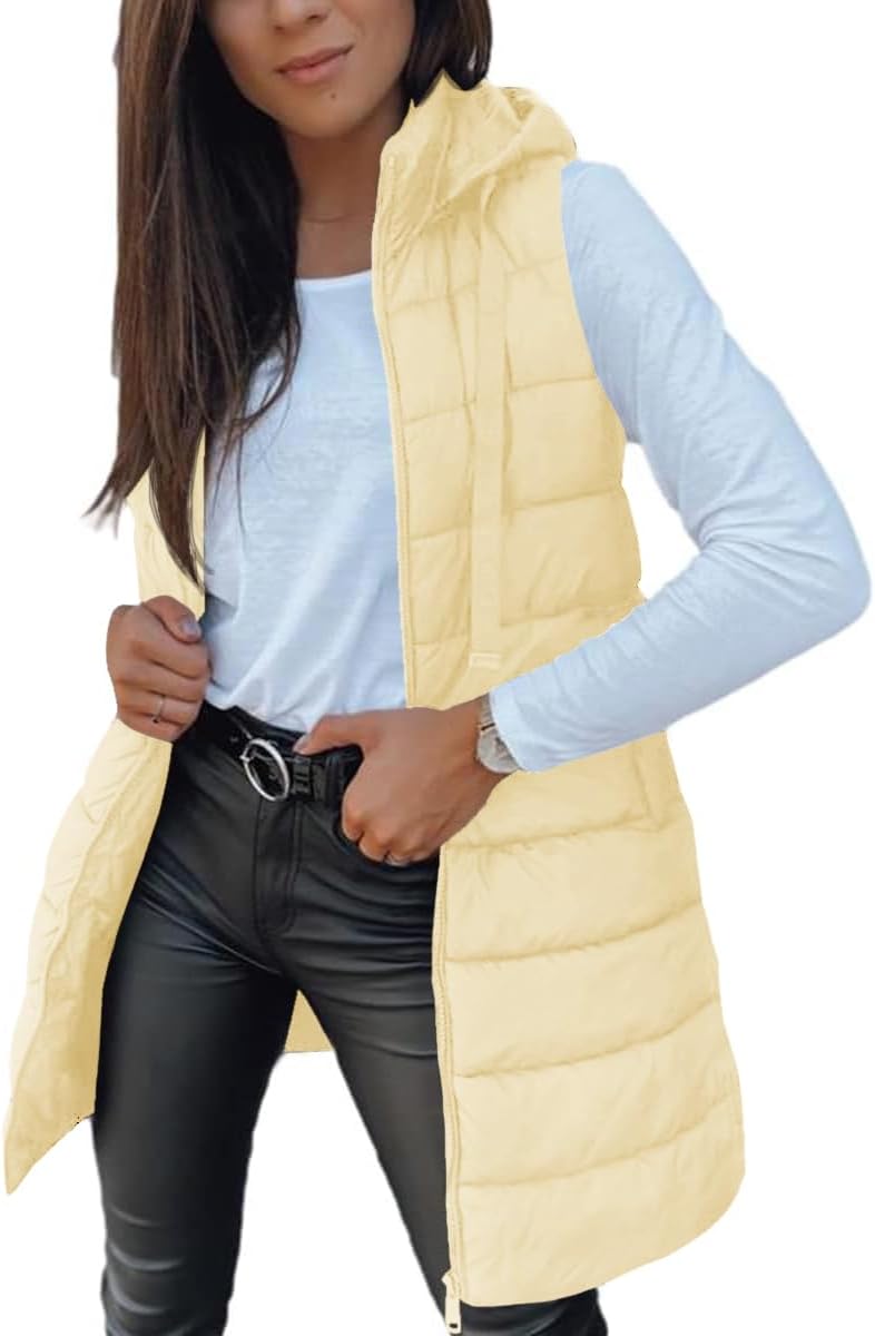 Stylish Women Long Vest Solid Color Sleeveless Hooded Puffer