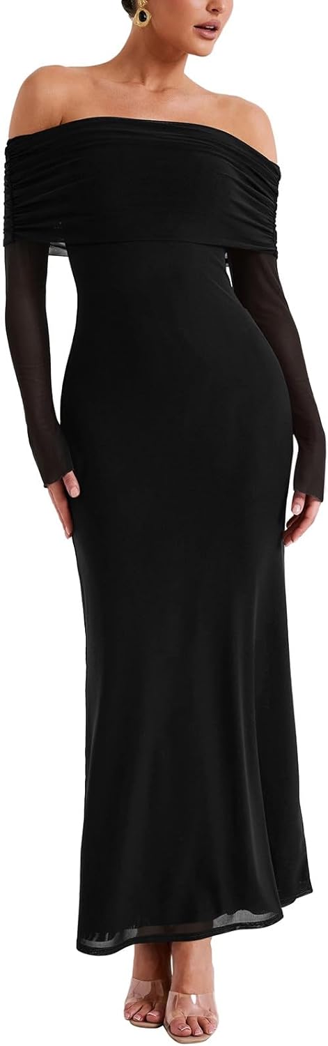 REORIA Mesh Off Shoulder Dress - Elegant & Slimming!