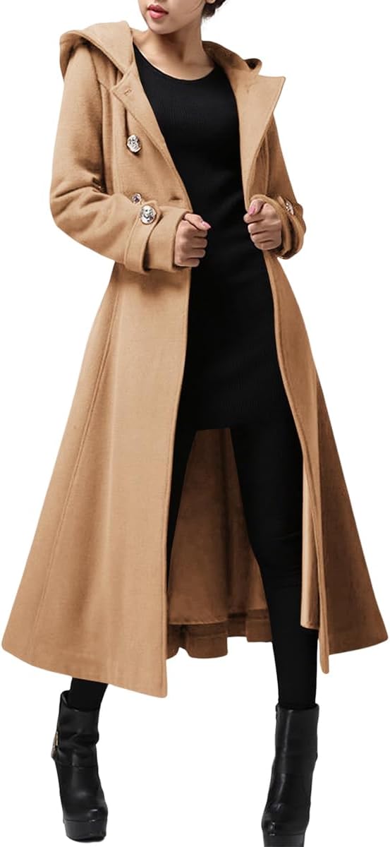 Cicy Bell Womens Long Double-Breasted Hooded Coat for Winter