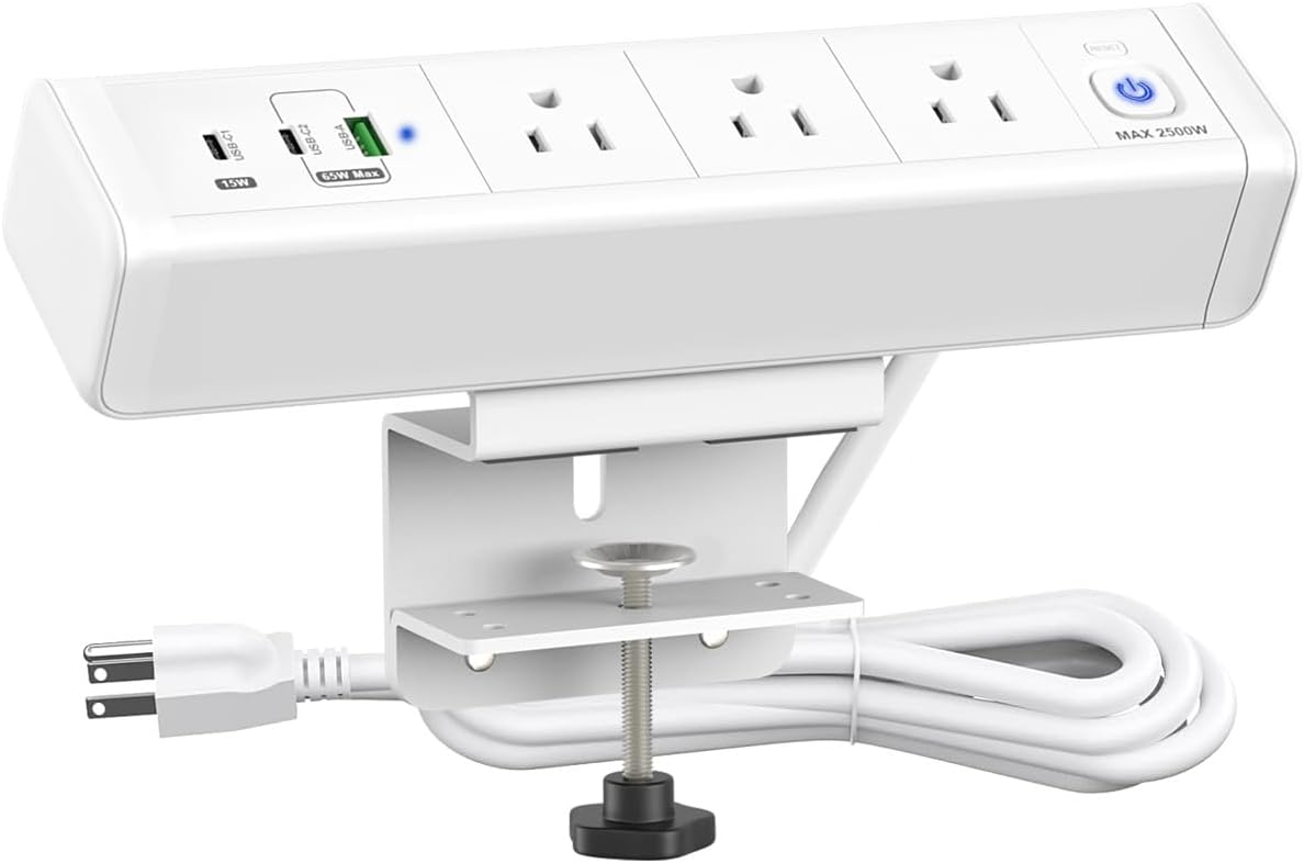Desk Clamp Power Strip with USB-C Ports for Home Office Use