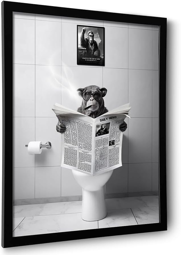 Funny Chimpanzee Wall Art for Bathroom Decor, 16x20 in Frame