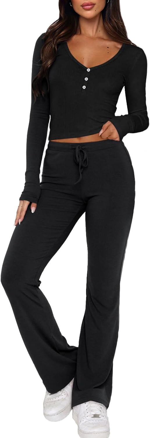 Womens 2 Piece Lounge Sets with Long Sleeve Crop Tops and Flare Pants