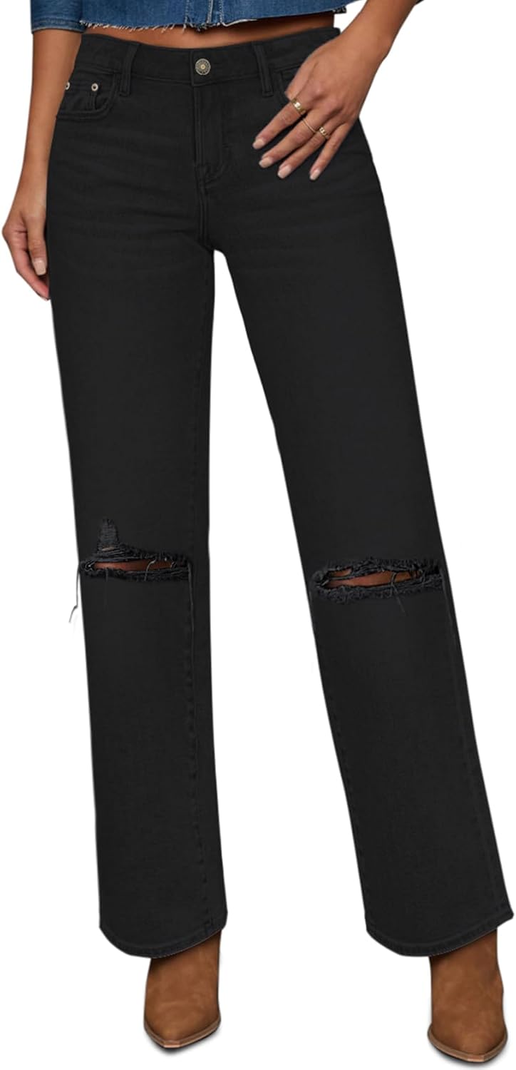 Trendy High Waisted Straight Leg Jeans for Women with Ripped Hem