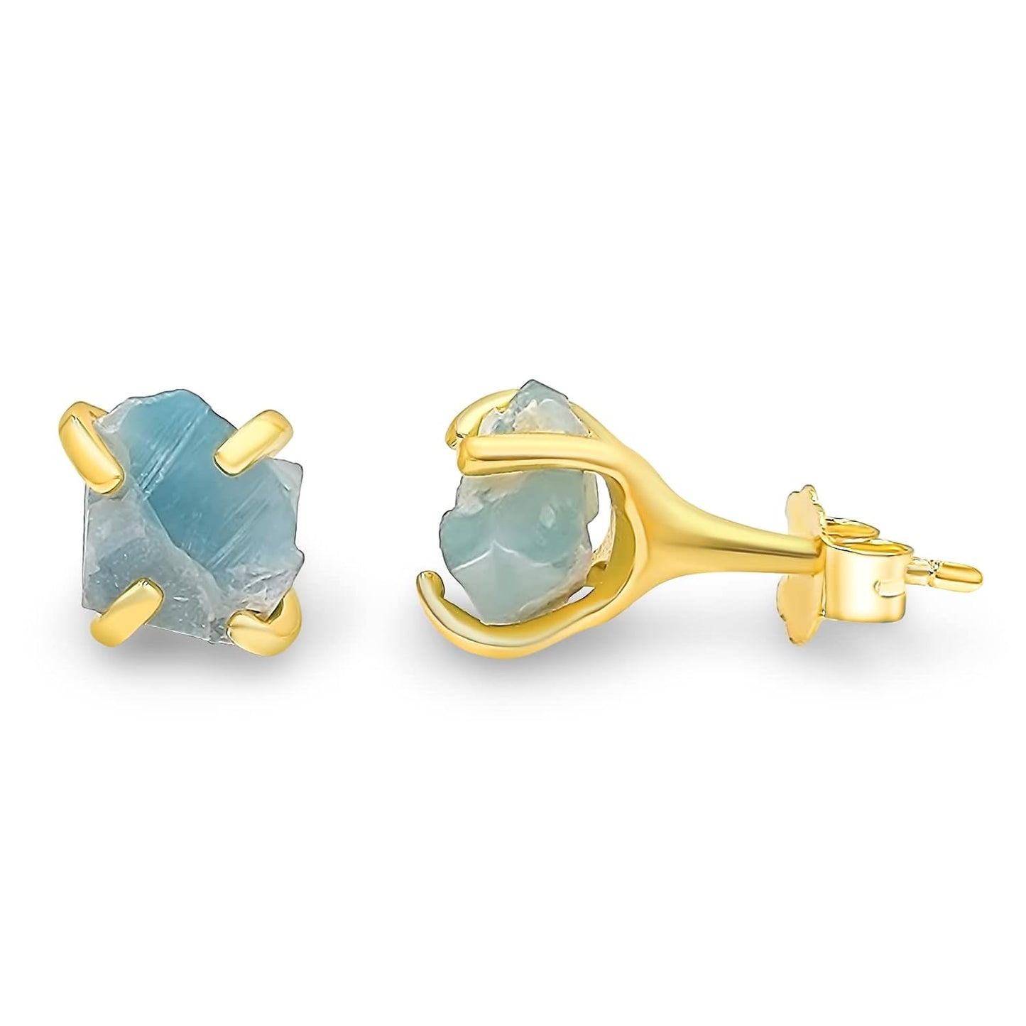 Natural Raw Larimar Stud Earrings in Yellow Gold Over Silver