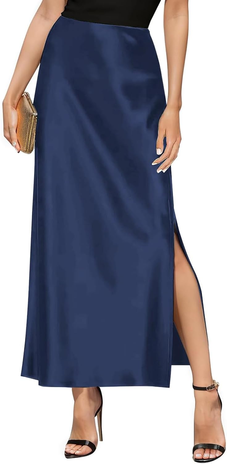 Women's Satin High Waisted Side Split Maxi Skirt for Style