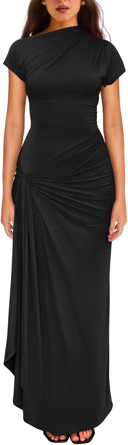 YMDUCH Women's Casual Short Sleeve Boat Neck Bodycon Dress