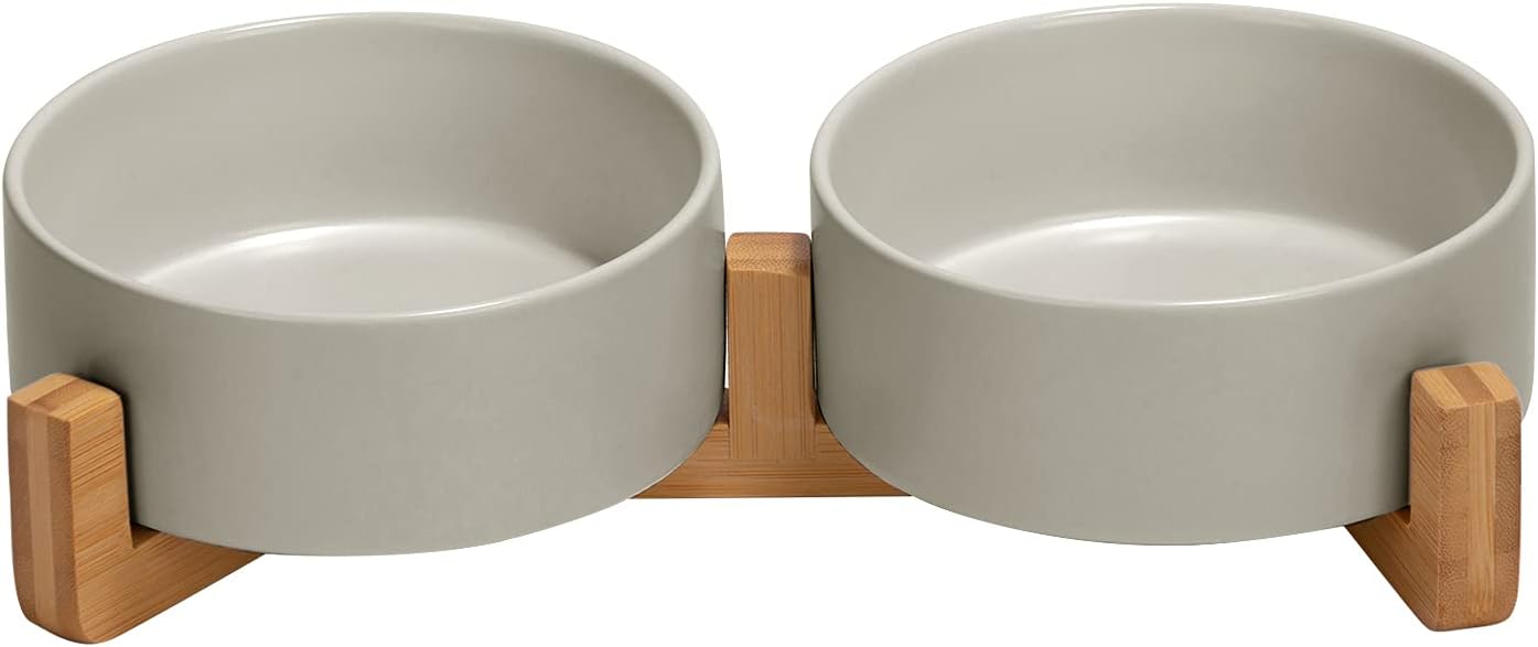 SPUNKYJUNKY Ceramic Dog and Cat Bowl Set with Wooden Stand