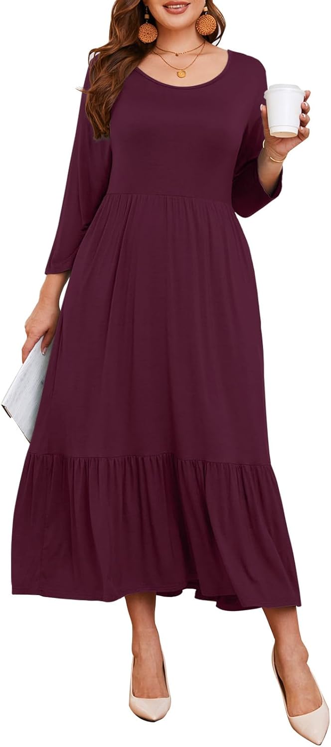 LARACE 3/4 Sleeve Plus Size Casual Long Maxi Dress with Pockets
