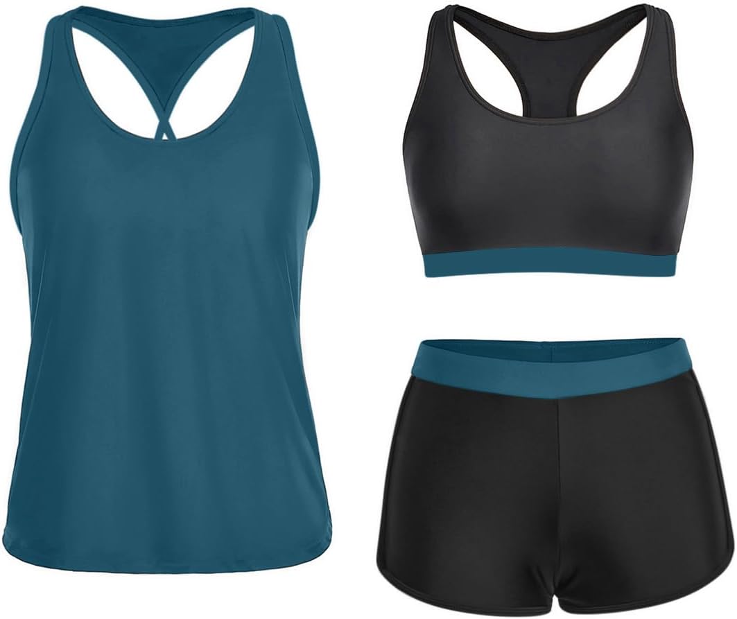 Yonique 3 Piece Athletic Tankini Swimsuits for Women with Shorts