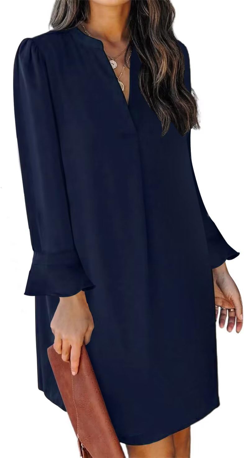 QACOHU Fall Dresses for Women V Neck Long Sleeves Mini Tunic
