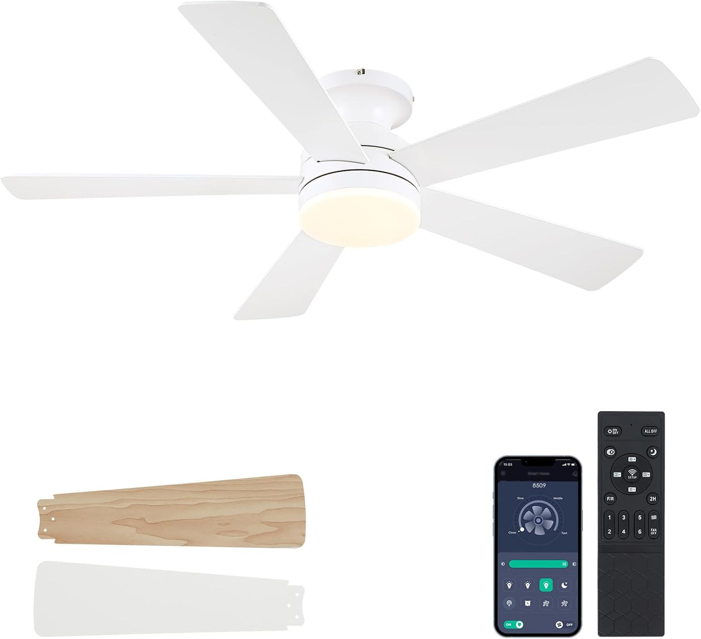Modern White Ceiling Fan with Lights - 46in Flush Mount Design