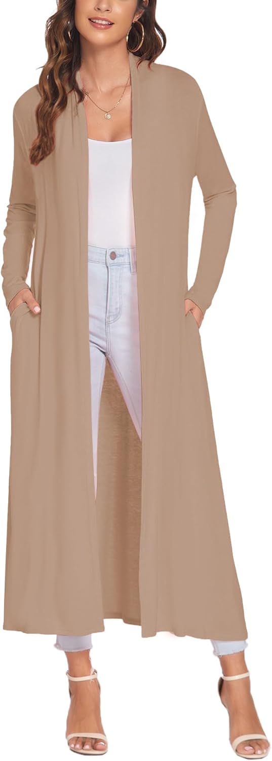 Stylish Floor Length Open Front Cardigan for Women with Pockets