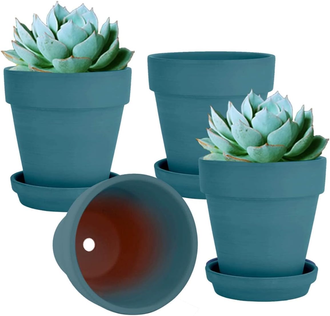 Vensovo 6 Inch Steel Blue Terracotta Pots with Saucer - 4 Pack