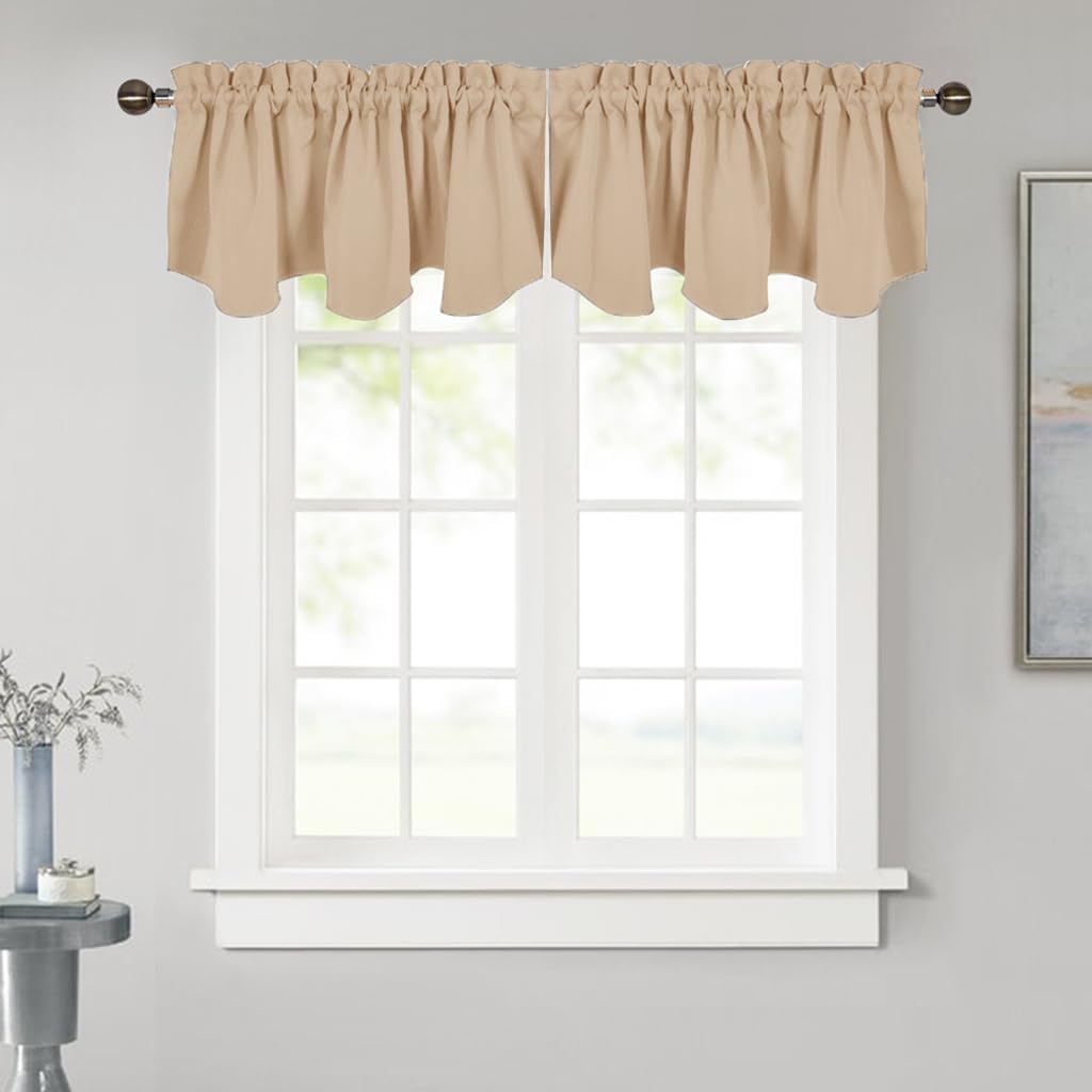 NICETOWN Room Darkening Valance - 52x18 Scalloped Rod Pocket Curtain, Biscotti Beige