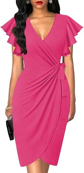 Oten Womens Deep V Neck Ruffle Sleeve Sheath Dress for Parties
