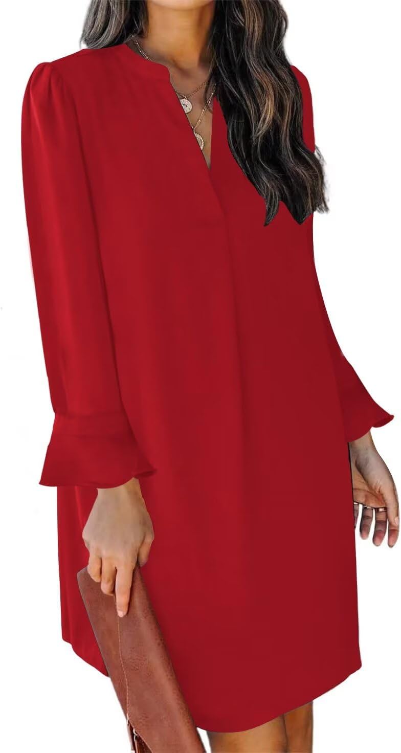 QACOHU Fall Dresses for Women V Neck Long Sleeves Mini Tunic