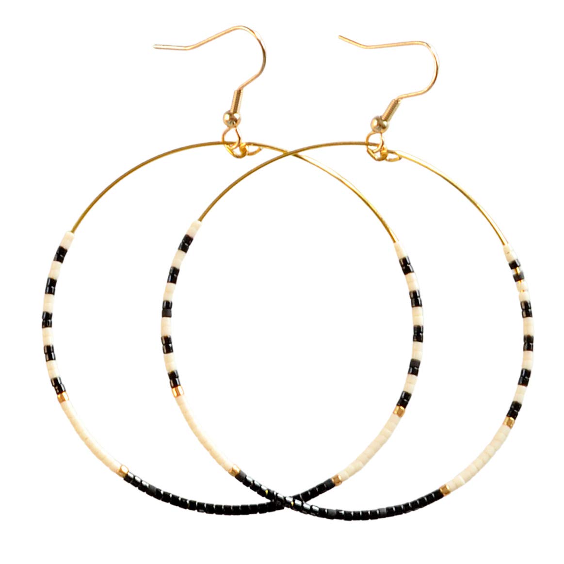 Big Striped Beaded 3 Inch Hoop Earrings in Black White Gold