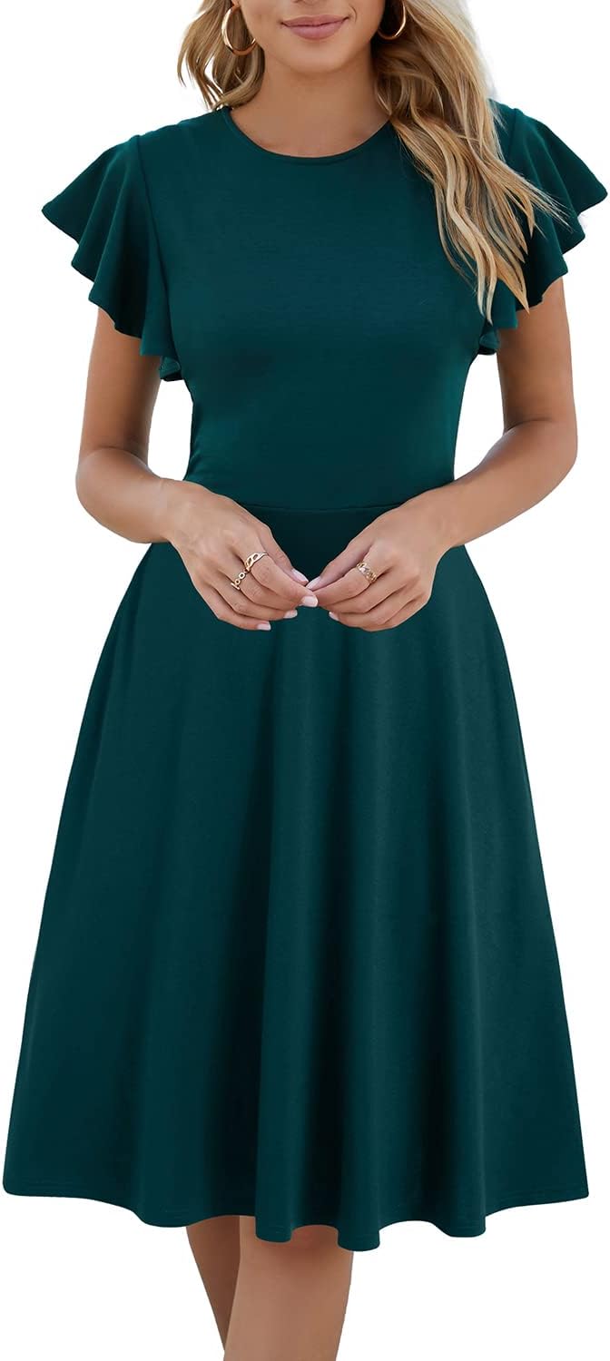 HELYO Women's Ruffle Sleeves V-Back Fit and Flare Dress