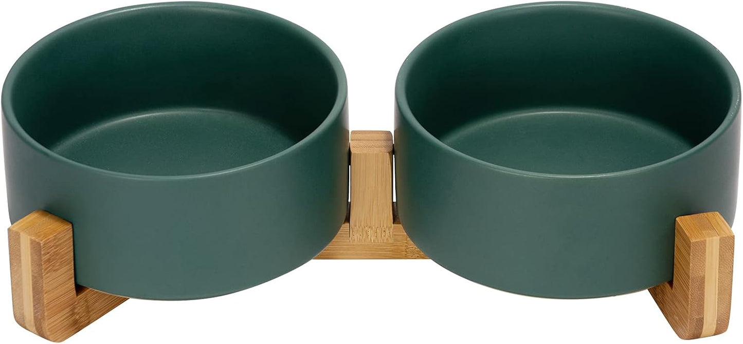 SPUNKYJUNKY Ceramic Dog and Cat Bowl Set with Wooden Stand