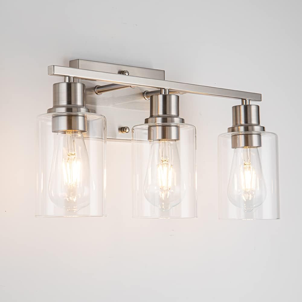 Brushed Nickel Bathroom Light Fixtures with Clear Glass Shade