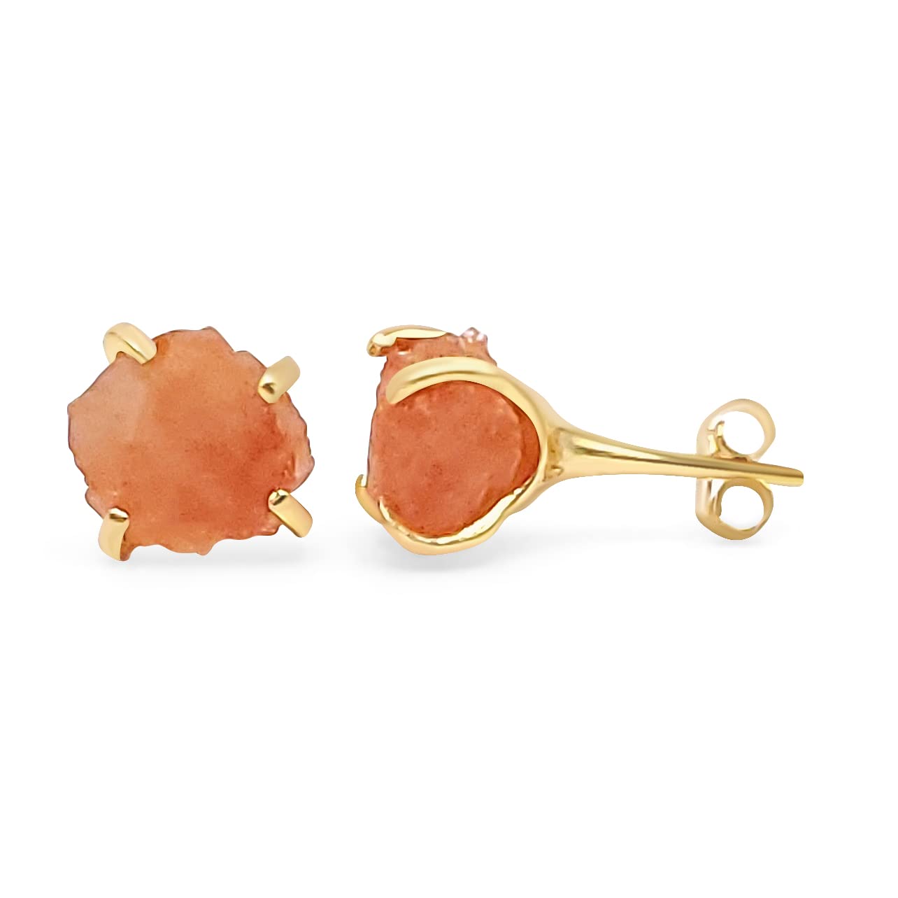 Natural Raw Sunstone Stud Earrings in Yellow Gold Over Silver
